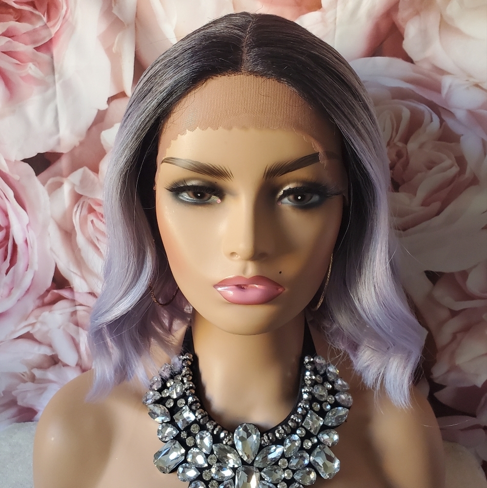 Wavy Lavender purple dark rooted lace front bob  wig